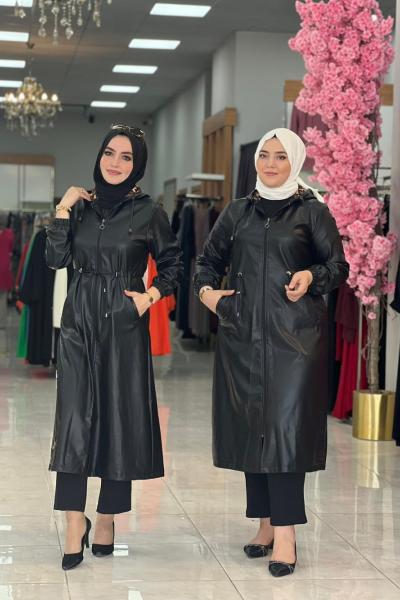 Uzun Deri Trenç Siyah Siyah