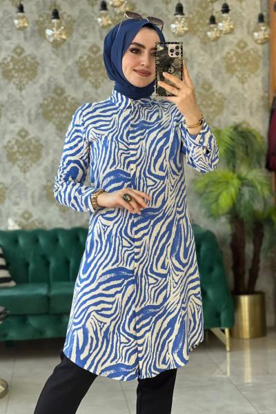 Zebra Desen Gömlek Gök Mavi Gök Mavi