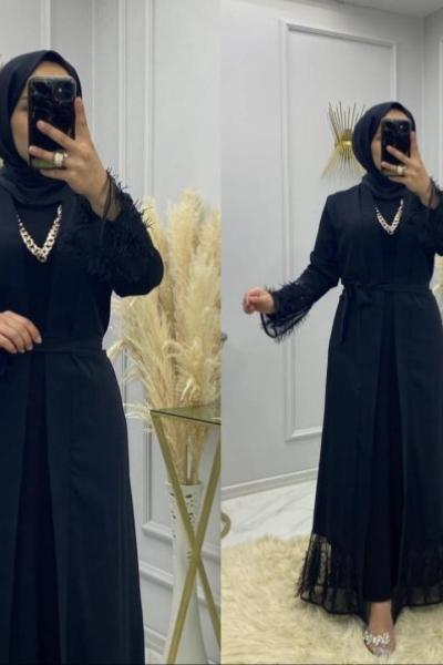 Ahu Abaya Takım Siyah Pullu Siyah