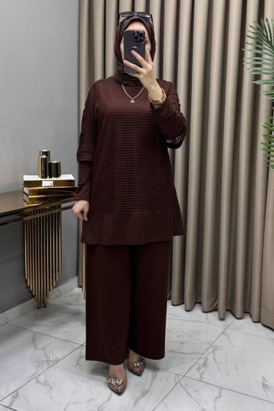 Ayben Fileli Üçlü Takım Kahve Kahverengi