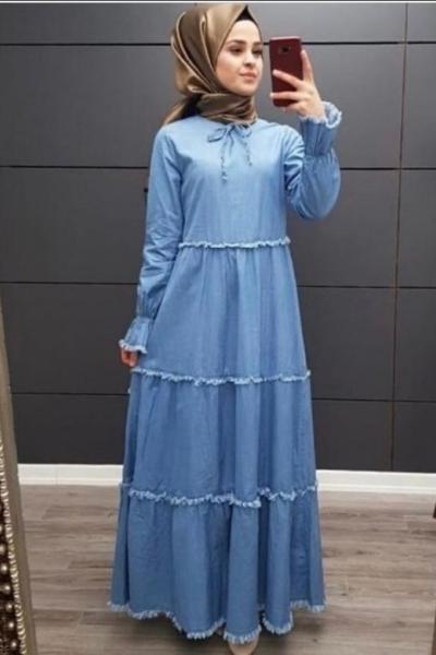 Bağcıklı Kot Elbise Açık Mavi kot mavi