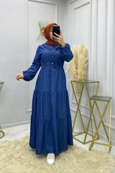 Bebe Yaka Kot Elbise- Koyu Renk koyu kot