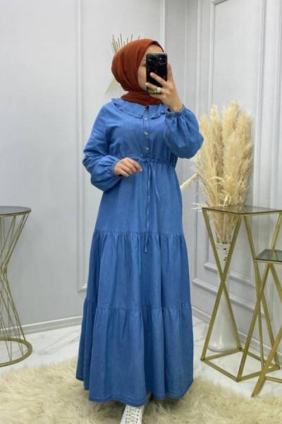 Bebe Yaka Kot Elbise- Açık Renk kot mavi