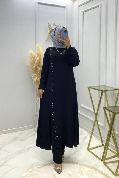 Boncuk Pantolon Tunik Takım Siyah Siyah