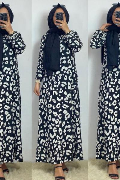 Boydan Cepli Elbise yuvarlak Siyah Beyaz Desen Siyah