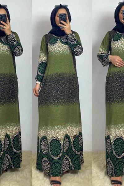 Boydan Cepli Elbise Yeşil Desen Yeşil