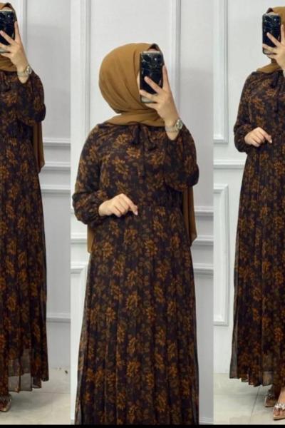 Boyundan Fiyonk Bağlamalı Şifon Elbise Kahverengi