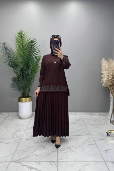 Cennet Taşlı Takım Kahve Kahverengi