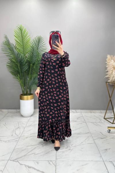 Çiçek Elbise Petrol Siyah Siyah