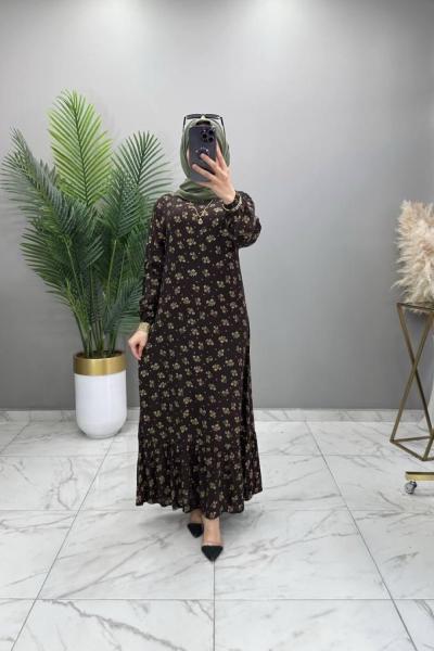 Çiçek Elbise Petrol Kahve Kahverengi