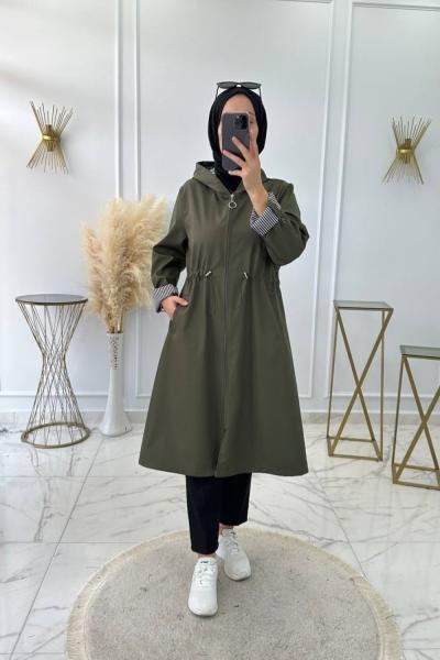 Çizgili Trenç Haki Yeşil Yeşil