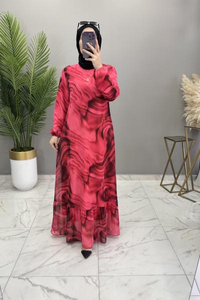 Dalga Şifon Elbise Kırmızı Kırmızı