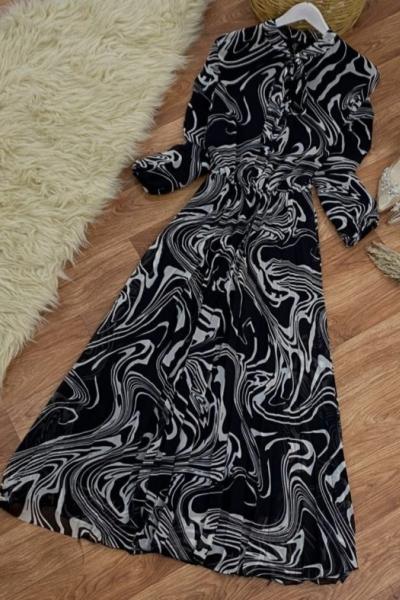 Dalgalı Şifon Elbise Siyah