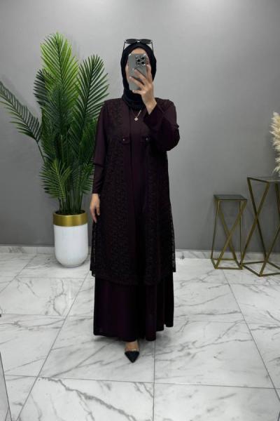 Dantel Yelekli Takım Kahve Kahverengi