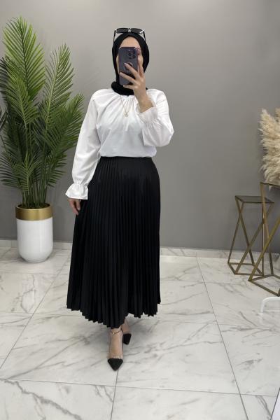 Deri Görünümlü Tek Etek Siyah Siyah