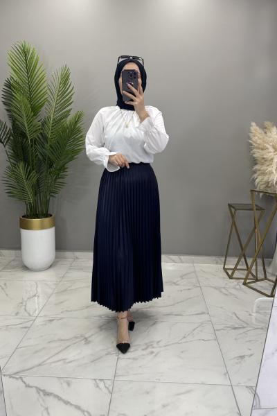 Deri Görünümlü Etek Bluz Takım Lacivert Lacivert