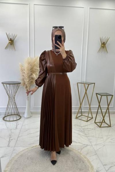 Deri Piliseli Elbise Kahve Kahverengi