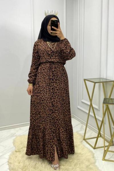 Düğmeli Leopar Elbise