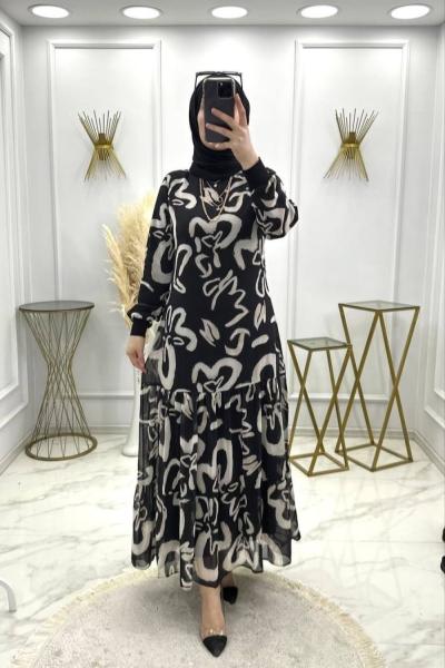 Efsun Şifon Elbise Ekru Siyah