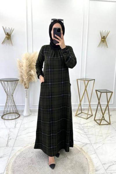 Ekose Elbise Haki Yeşil Haki