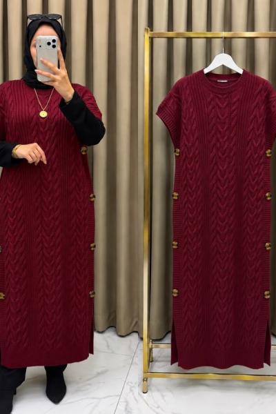 Ela Uzun Süveter Bordo Bordo