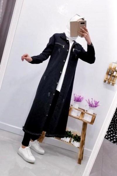 fermuarlı kalın kot kap siyah Siyah