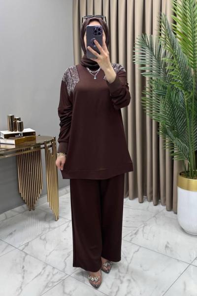 Gizem Taşlı Takım Kahve Kahverengi