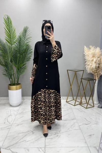 Gömlek Elbise Leopar Siyah