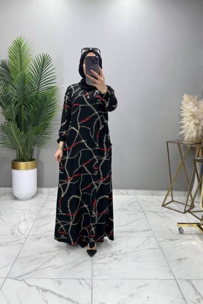 Gülbin Elbise Zincir Siyah Kırmızı