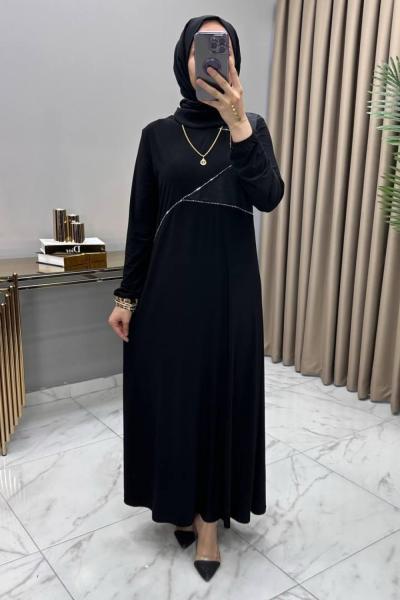 Gülbin Taş Deri Detaylı Elbise  Siyah