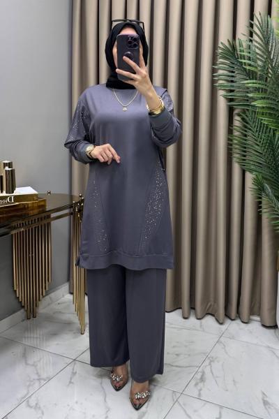 Hanımeli Taşlı Takım Füme Gri Füme