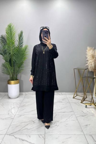 İnci Taşlı Takım Siyah Siyah