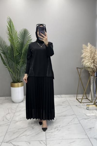 Irmak Taşlı Etekli Takım Siyah