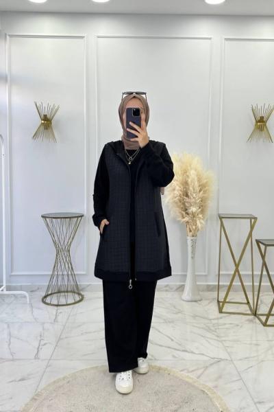 Kapitoneli Üçlü Takım Siyah Siyah