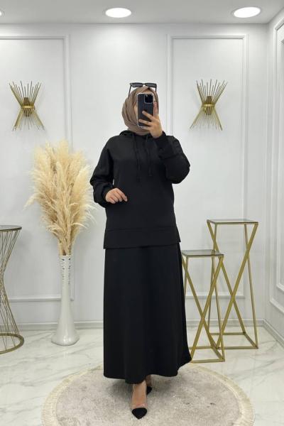 Kapşonlu Etekli Takım - Siyah Siyah