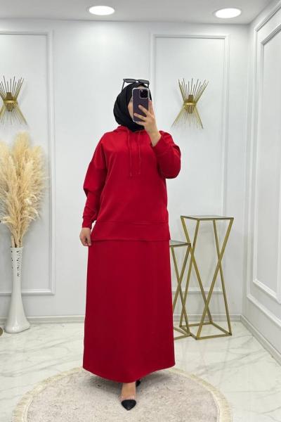 Kapşonlu Etekli Takım - Bordo Bordo