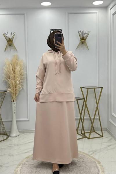 Kapşonlu Etekli Takım - Krem Krem