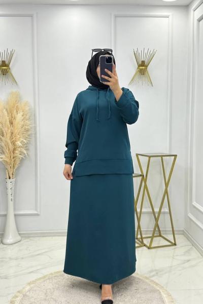 Kapşonlu Etekli Takım -Zümrüt Yeşil Zümrüt