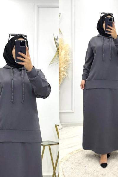 Kapşonlu Etekli Takım -Gri  Gri Siyah