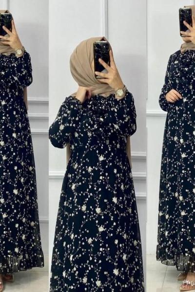 Kravat Detaylı Şifon Elbıse Siyah Siyah