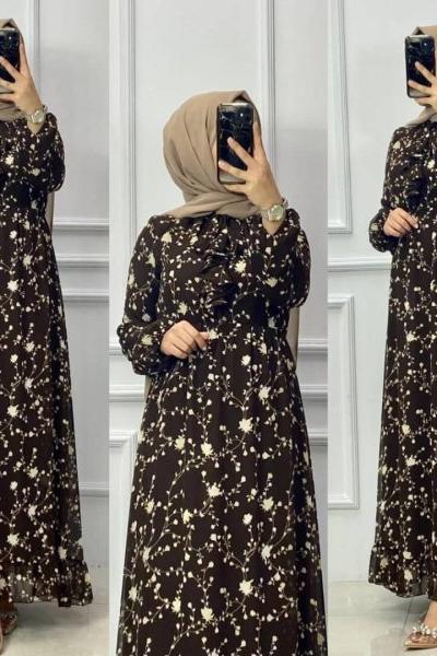 Kravat Detaylı Şifon Elbıse Kahve