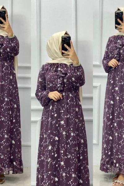 Kravat Detaylı Şifon Elbıse Mor