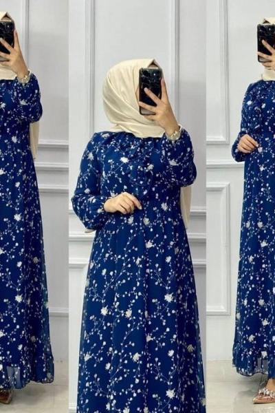 Kravat Detaylı Şifon Elbıse İndigo