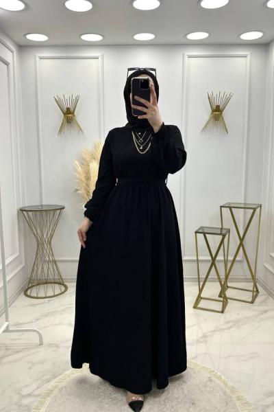 Kravuze Yaka Elbise Siyah Siyah