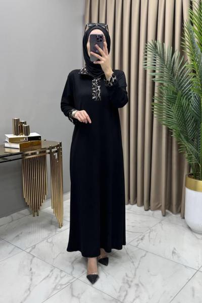 Leopar Yakalı Elbise Siyah Siyah