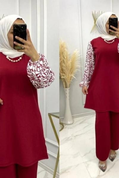 Manolya Takım Pantolon Tunik Bordo Bordo