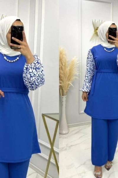 Manolya Takım Pantolon Tunik Saks Saks Mavisi