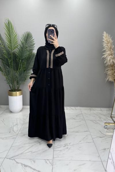 Medine Elbise Nakışlı Siyah  Siyah