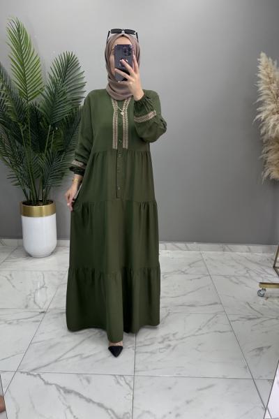 Medine Elbise Nakışlı Haki Haki