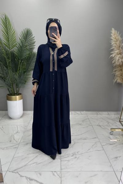 Medine Elbise Nakışlı Lacivert Lacivert